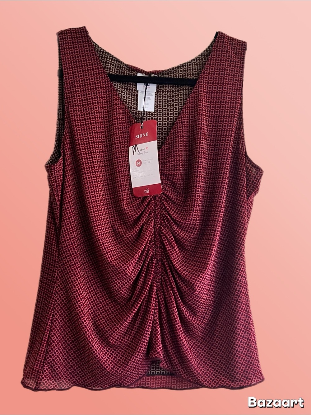 CAbi Sleeveless Ruched V-Neck Tank in Burgundy Pattern